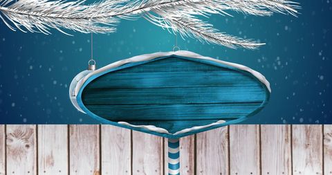 Winter Christmas Sign on Pole with Snowy Background