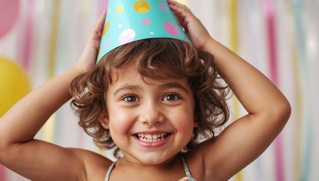 Bright close-up joyful girl wearing teal cone party hat smiling at colorful birthday celebration