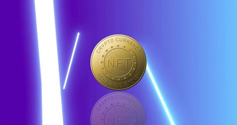 Floating gold nft coin hovering over reflective surface with neon beams and gradient glow