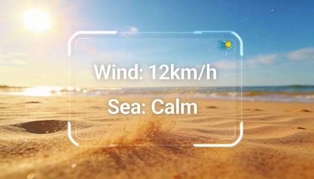 Augmented reality beach weather hud displaying wind 12km/h and calm sea