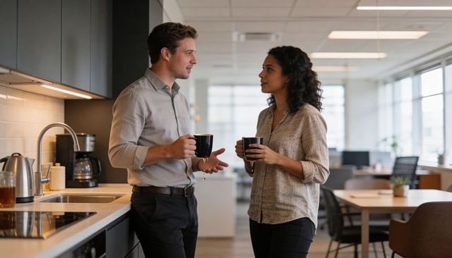 Coworkers Chatting Over Coffee in Modern Office Kitchenette During Casual Midday Break