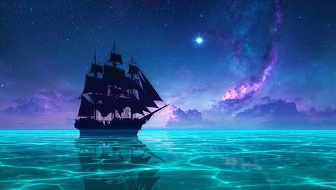 Silhouetted Ship Sailing Under Starry Night Sky