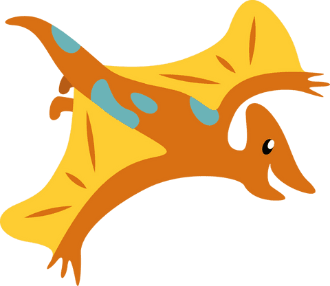 Whimsical pterosaur cartoon gliding with transparent wings