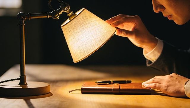 Adjusting desk lamp over leather journal with pen on wood desk, warm evening light