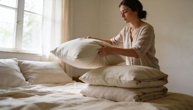Woman making bed with linen duvet and pillows in serene natural light