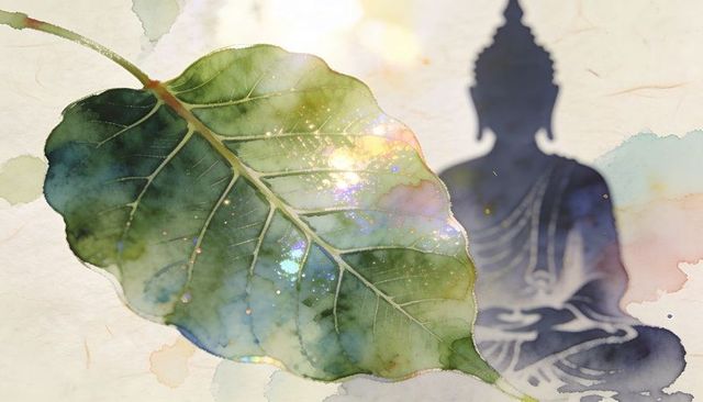 Bodhi leaf glowing with iridescent watercolor sparkle and buddha silhouette meditating