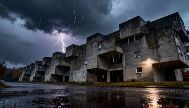 Brutalist concrete apartments during lightning storm with rain-slick reflections at night