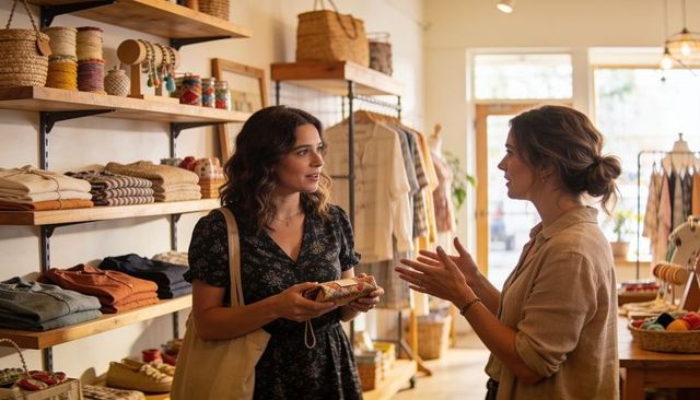 Customer and shop assistant discussing handcrafted woven pouch in cozy boutique