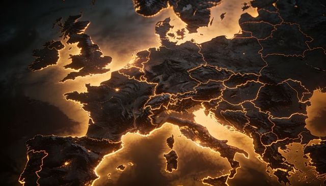 Glowing topographic map of europe showing lit coastlines and highlighted country borders