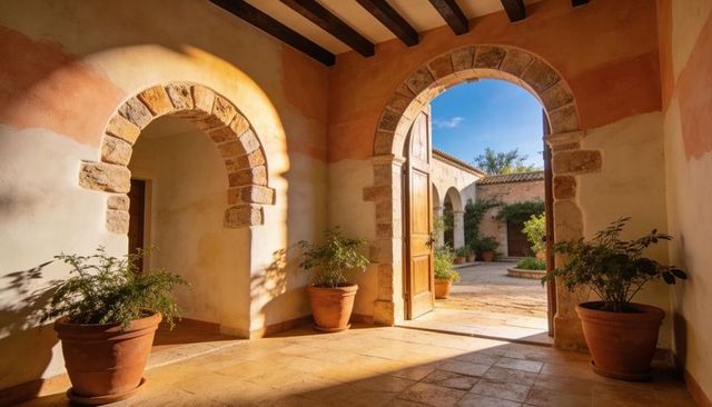 Sunlight pouring through open arched doorway into mediterranean courtyard with terracotta