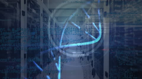 DNA and Data Processing Animation Over Server Room