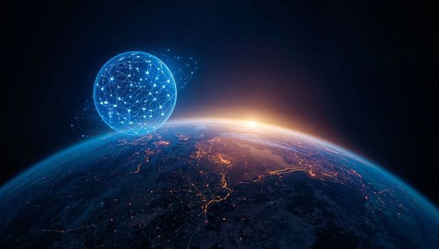 Hovering data sphere over Earth glowing city lights and network lines at sunrise horizon
