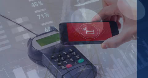 Hand Holding Smartphone Over Payment Terminal with Digital Data Overlay
