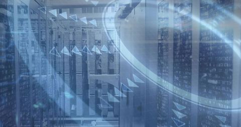 Futuristic blue data center interior featuring server racks, network cables and digital overlays