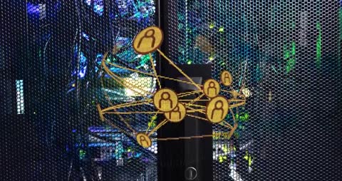 Futuristic 3D Network Animation Over Mesh Server Rack
