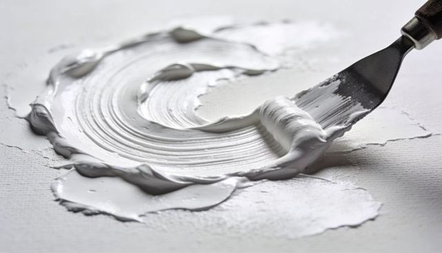 Palette knife spreading thick white texture paste on canvas close-up