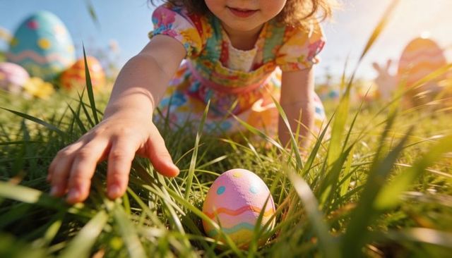 Child reaching for colorful painted easter egg in sunlit meadow during golden hour