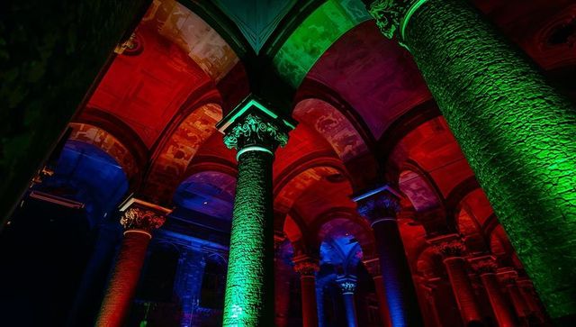 Illuminating gothic vaults and stone columns with dramatic multicolor uplighting