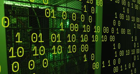 green binary code overlay on data servers in tech center - Download Free Stock Images Pikwizard.com