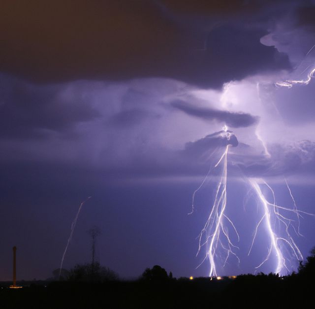 Image of thunder lightning against clouds and purple stormy sky with copy space. Nature, storms and weather concept.