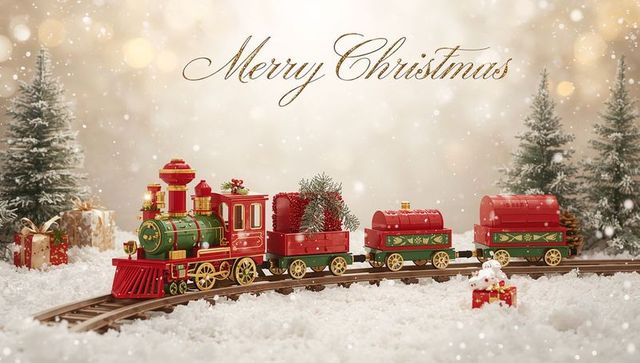 Vintage red and green toy train carrying wreath and gifts on snowy christmas tabletop