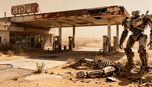 Rusting battle-scarred robot standing guard at abandoned desert gas station