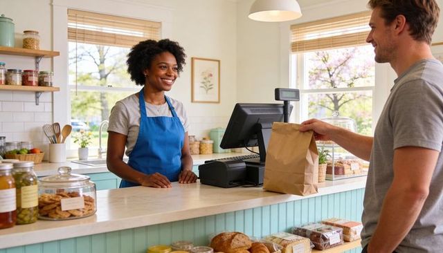Smiling bakery clerk handing takeout bag at bright counter with pos register and pastries