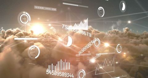 Digital data visualization concept over scenic cloudy sky at sunset