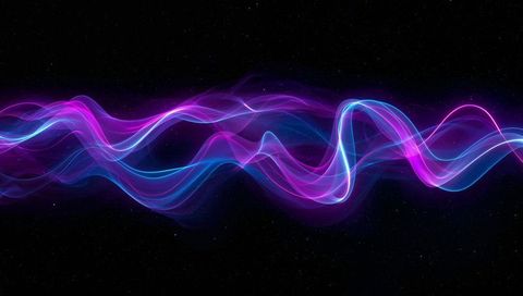 Flowing neon ribbon waves intertwining across dark starfield for futuristic background
