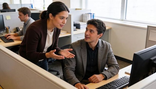 Colleagues collaborating at open-plan workstation, woman leaning and man seated discussing
