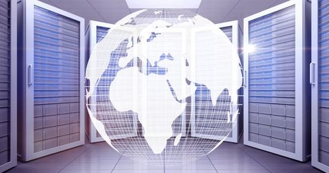 Digital Globe Overlay on Server Racks Illustrating Global Networking - Download Free Stock Images Pikwizard.com