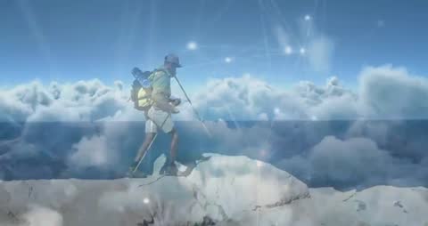 Hiker Exploring Rocky Ridge Above Clouds with Digital Network Overlay