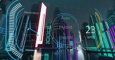 Futuristic digital interface of flying vehicles in city