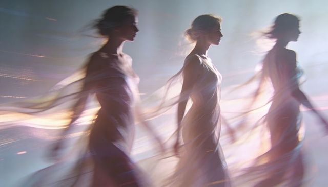Trio of ethereal silhouettes gliding in diaphanous gowns, backlit motion and light streaks
