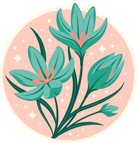 Stylized Teal Flowers with Coral Stamens on Transparent Background