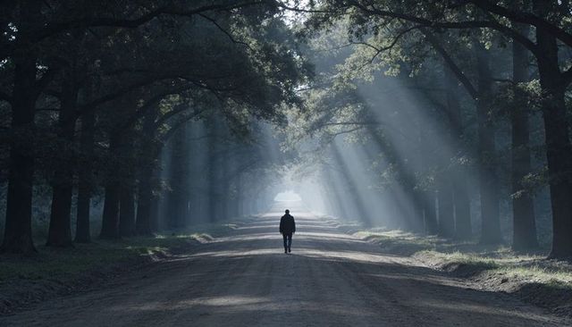 Solitary figure walking down misty tree tunnel with dramatic sunbeams and forest canopy