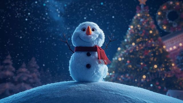 Cheerful Snowman with Red Scarf on Holiday Night Background