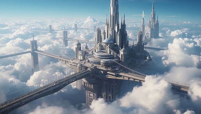 Futuristic floating city platform soaring above clouds with circular skybridges and towering spires