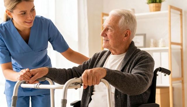 Caregiver supporting senior man using walker while seated in wheelchair in home care