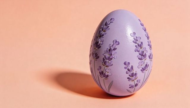Hand-painted lavender easter egg on peach backdrop with glossy brushwork and soft shadow