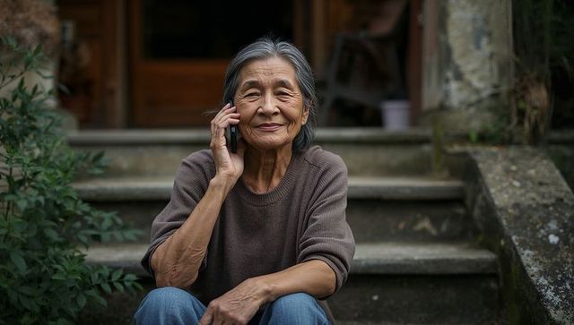 Asian senior woman talking on phone while sitting on rustic mossy stone steps in sweater and jeans