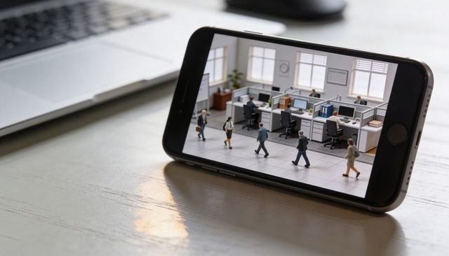 Smartphone Displaying Miniature Office Cubicles and Businesspeople on Home Desk