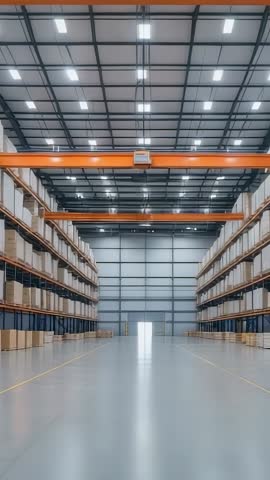 Vertical warehouse walkthrough pushing forward through aisle showing racks and overhead crane