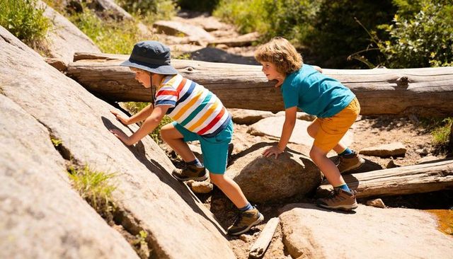 Two boys climbing granite slab on sunlit forest trail wearing hiking boots