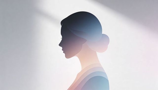 Layered female profile silhouette with pastel gradient bands and soft studio lighting