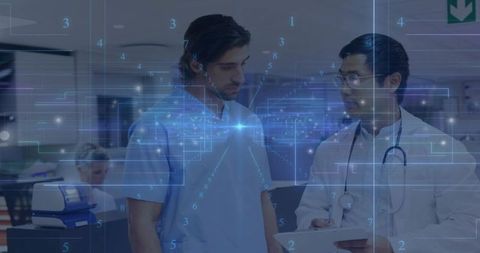 Doctor consulting patient with holographic medical data overlay at hospital nurse station