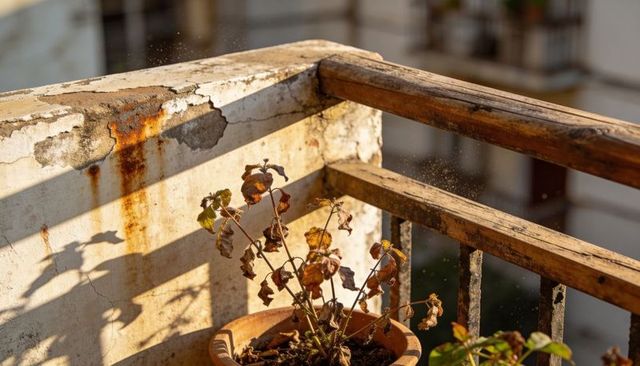Sunlit balcony corner with wilted terracotta planter casting shadow on weathered concrete