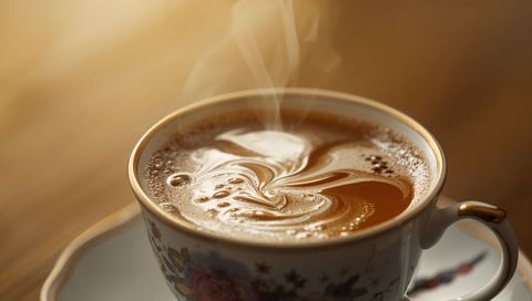 Steaming floral porcelain cup with latte art and gold-trimmed saucer on wooden table