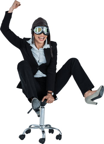 Transparent businesswoman wearing aviator helmet in office chair pose