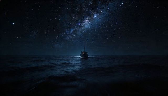 Starlit motorboat gliding under milky way across dark ocean night